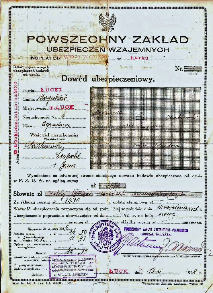 KKE 5927-1.jpg - Dok. Polisa ubezpieczeniowa mieszkania Leopolda Kleofasa Paszkowskiego, Łuck ul. Ogrodowa 4, 13 XI 1928 r.